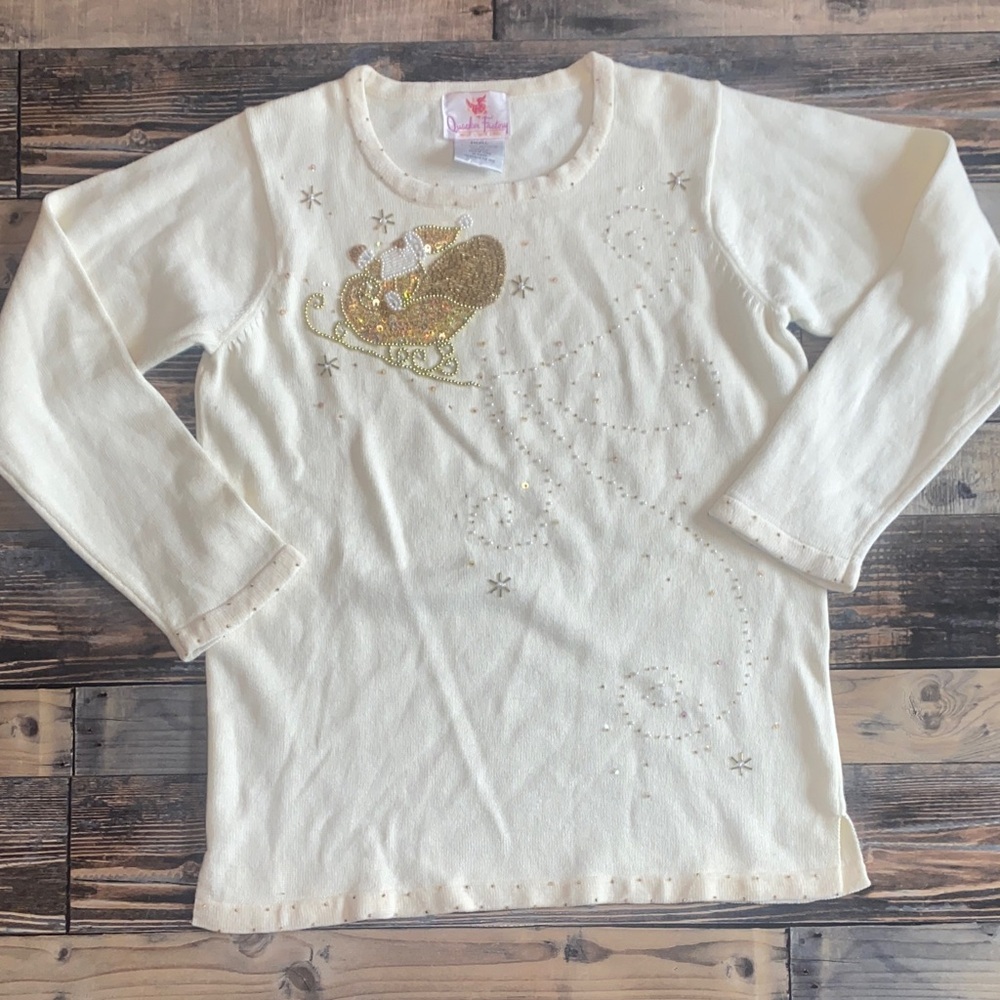 Quacker Factory Cream Long Sleeve Christmas sweater with beads and sequins